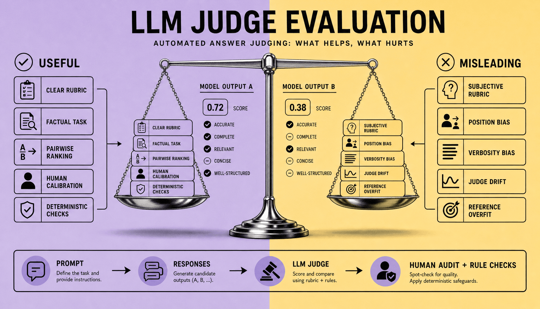 Balanced scale labeled Useful and Misleading beside response cards, score badges, and a pipeline reading Prompt, Responses, LLM Judge, Human Audit, and Rule Checks